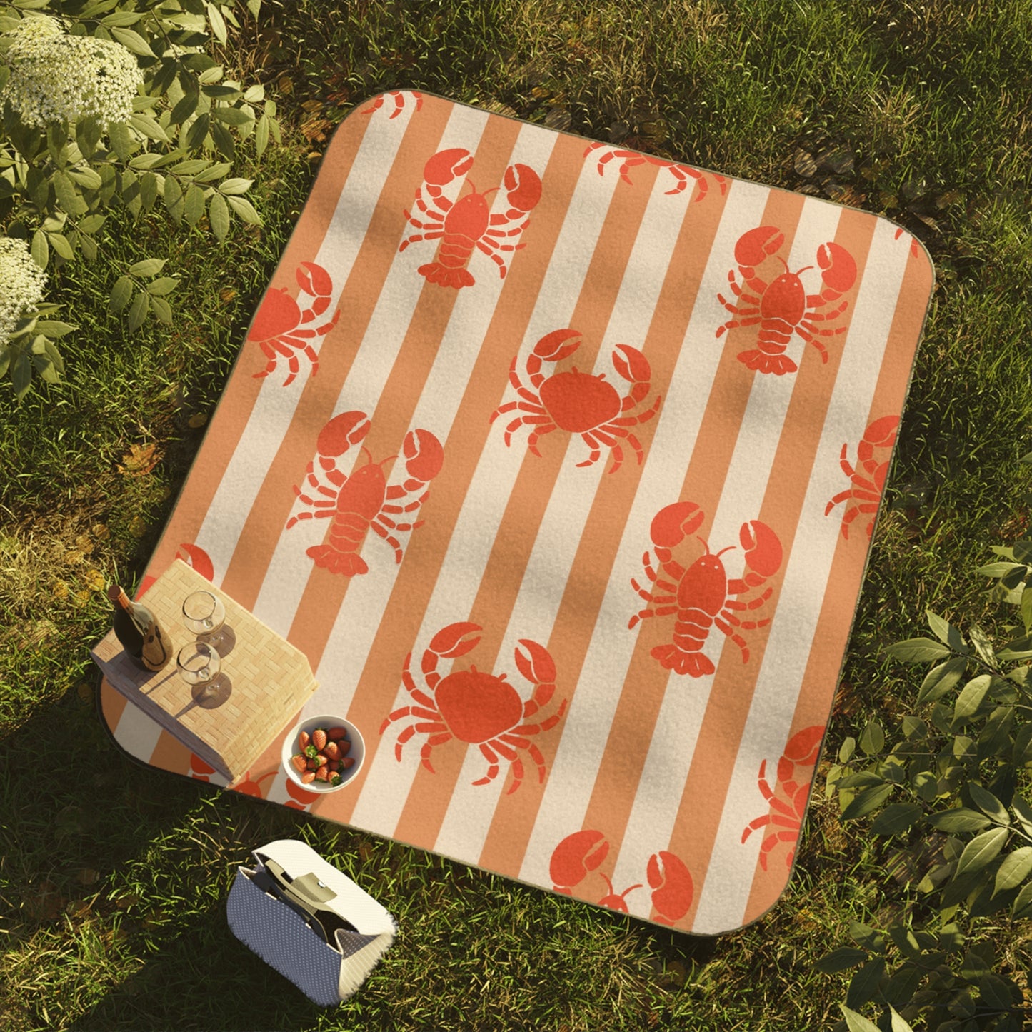 Nautical Coastal Striped Lobster Picnic Blanket
