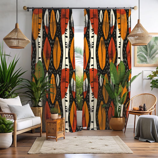 Living room with colorful abstract patterned curtains