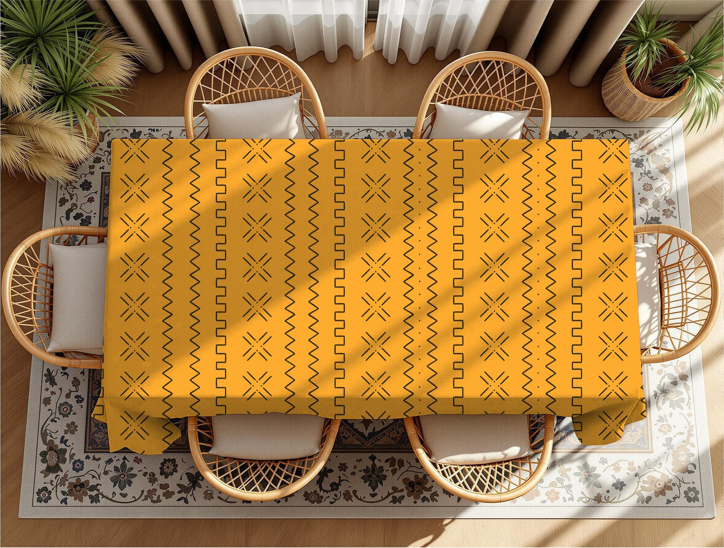 Boho tribal pattern tablecloth in modern kitchen