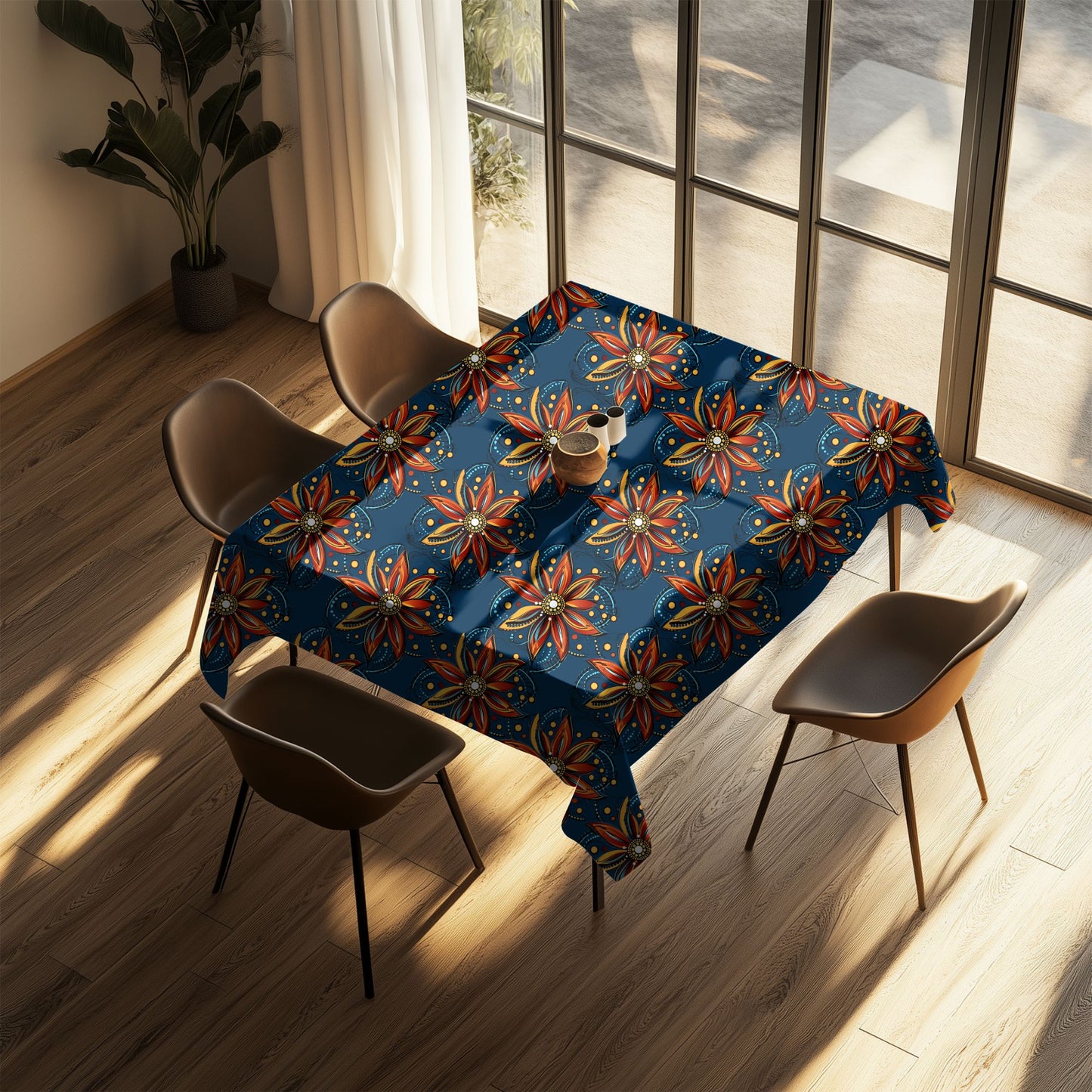 Dining table with a colorful floral tablecloth in a bright room with large windows.