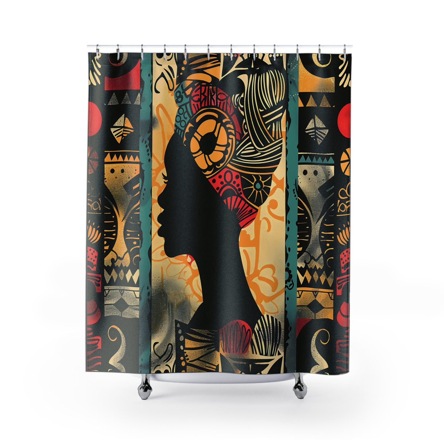 Shower curtain with a colorful design featuring a silhouette of a woman's profile on a white background.