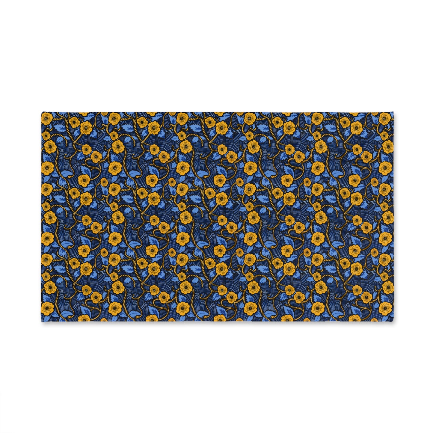 Decorative hand towel with a blue and yellow floral pattern on a white background