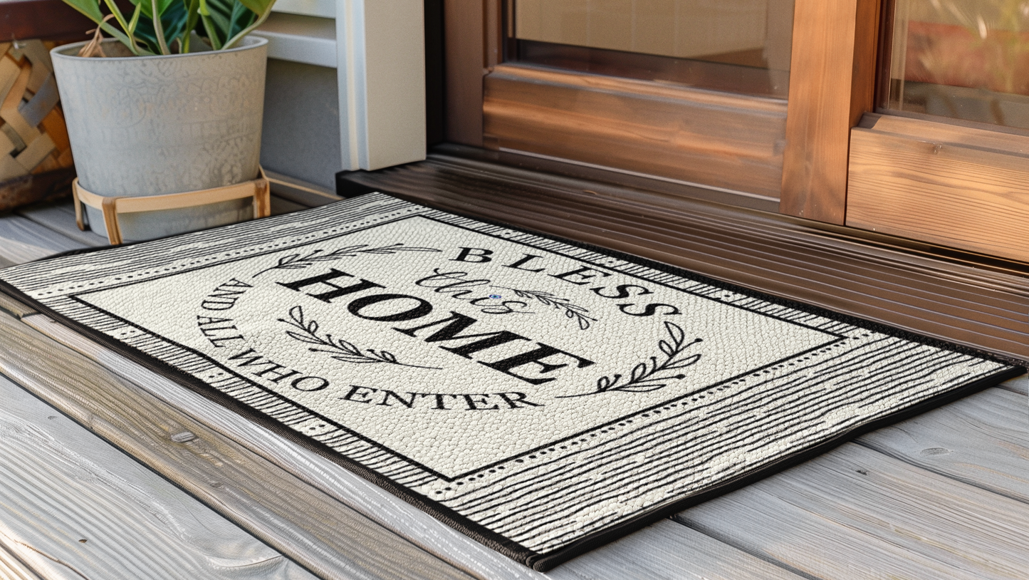 Decorative doormat with text on a wooden floor next to a door.