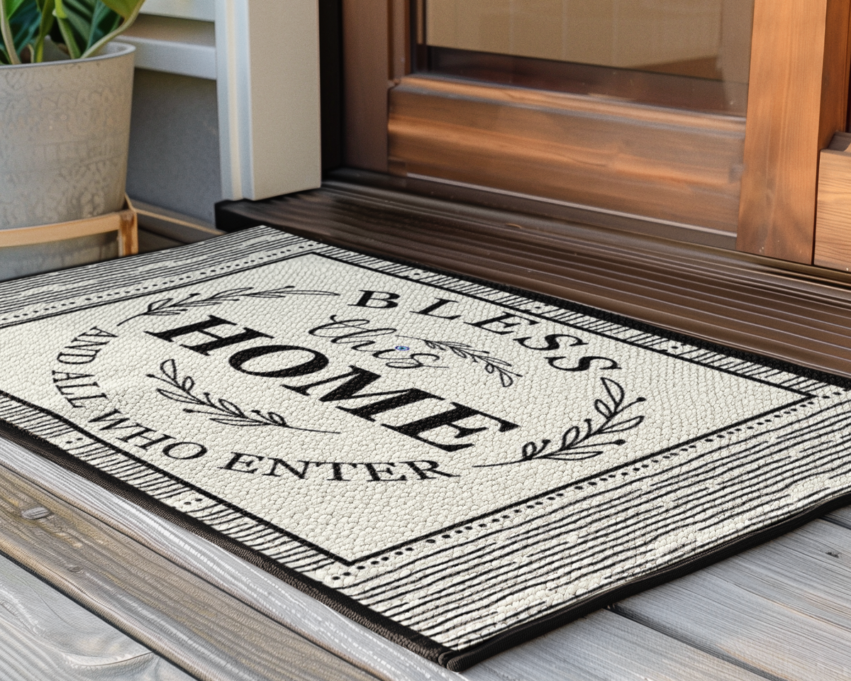 Decorative doormat with text on a wooden floor next to a door.