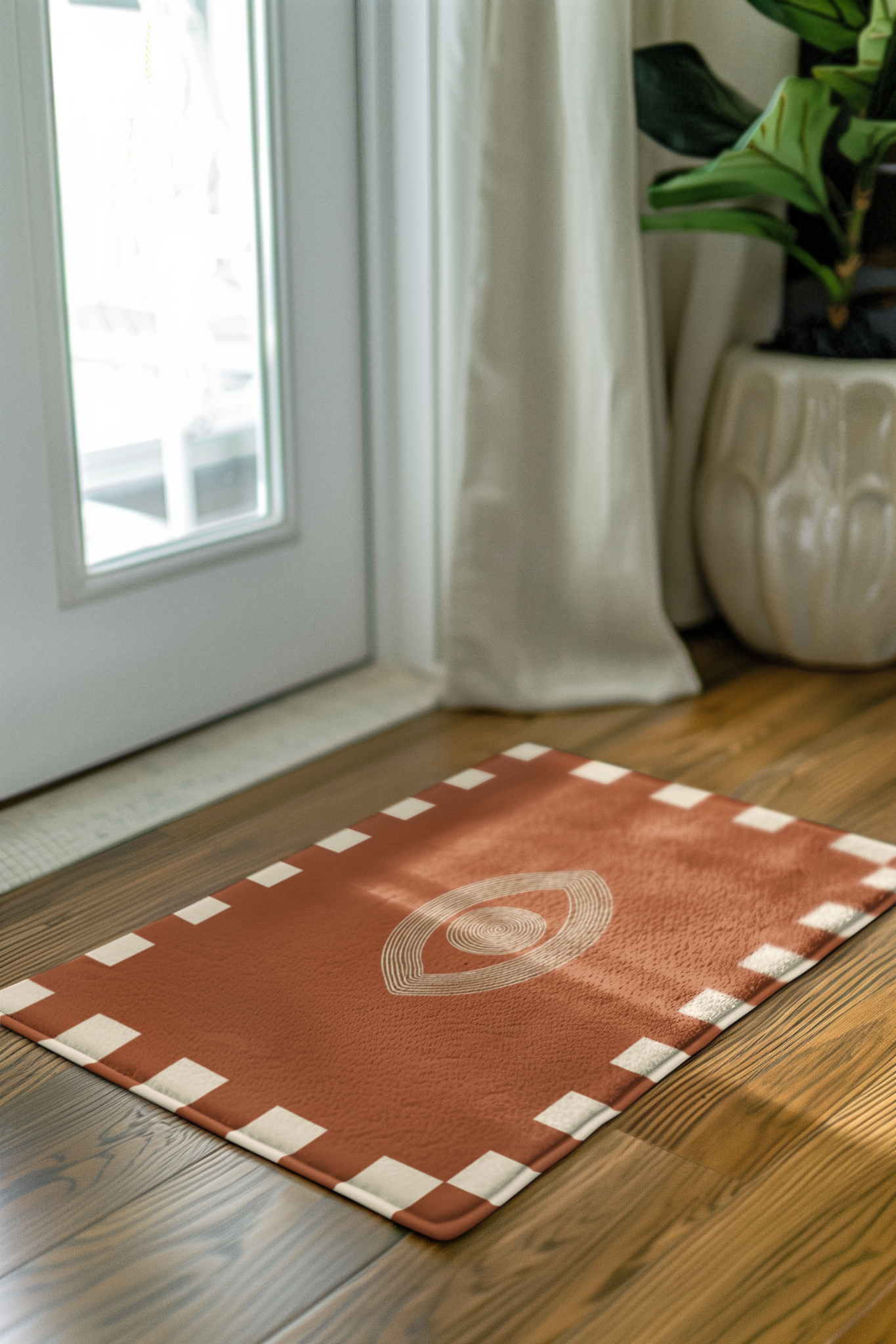 Brown doormat with a evil eye on a wooden floor in front of a glass door.