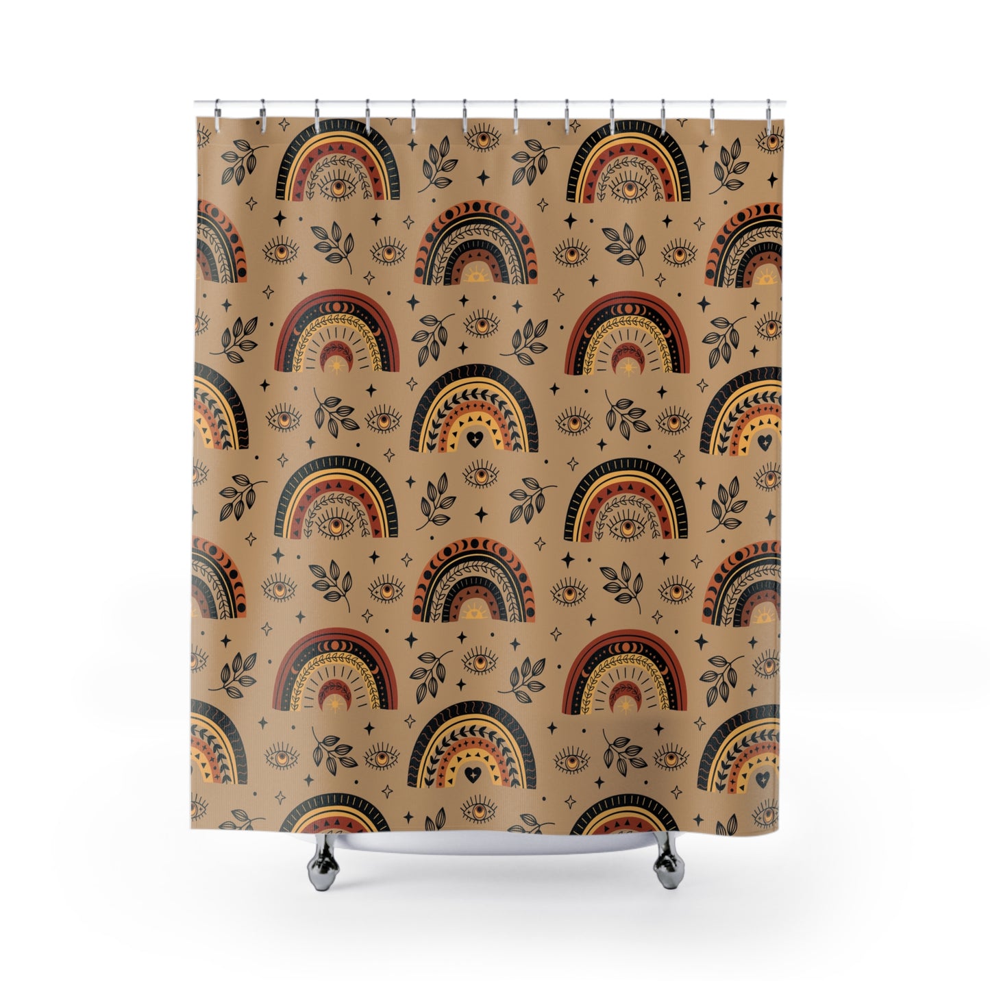 Shower curtain with rainbow and arch pattern on a beige background