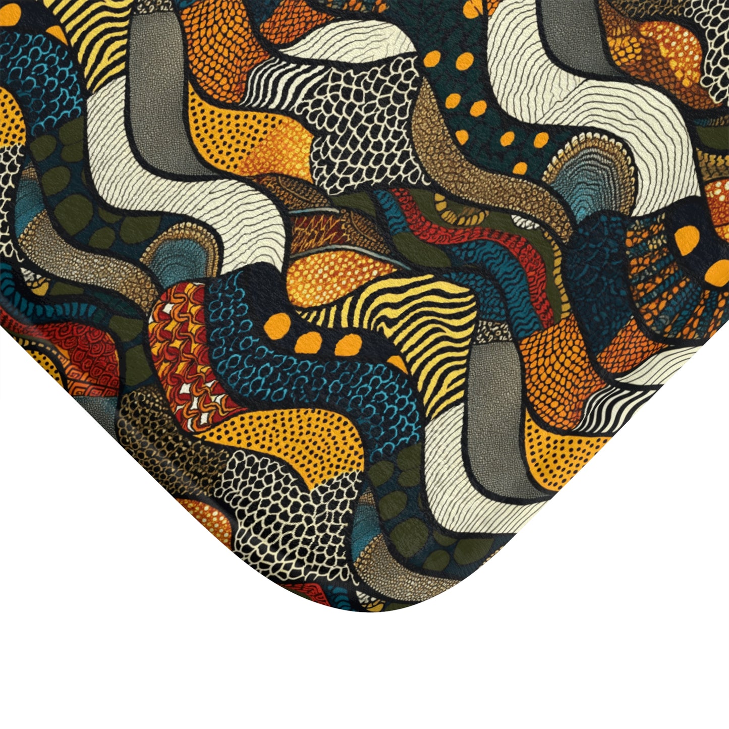 Colorful abstract fabric pattern with wavy lines, dots, and textured shapes