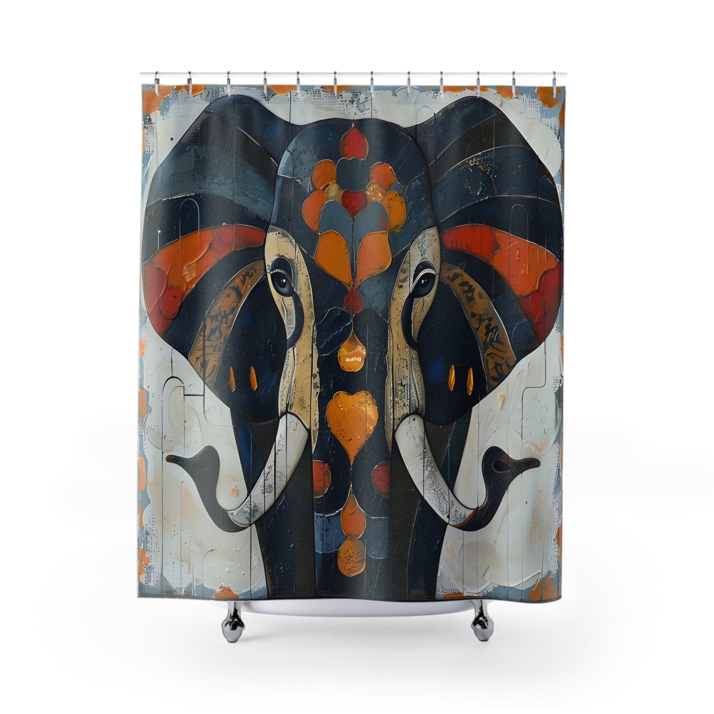 Cultural Print Shower curtain with abstract elephant design on a white background