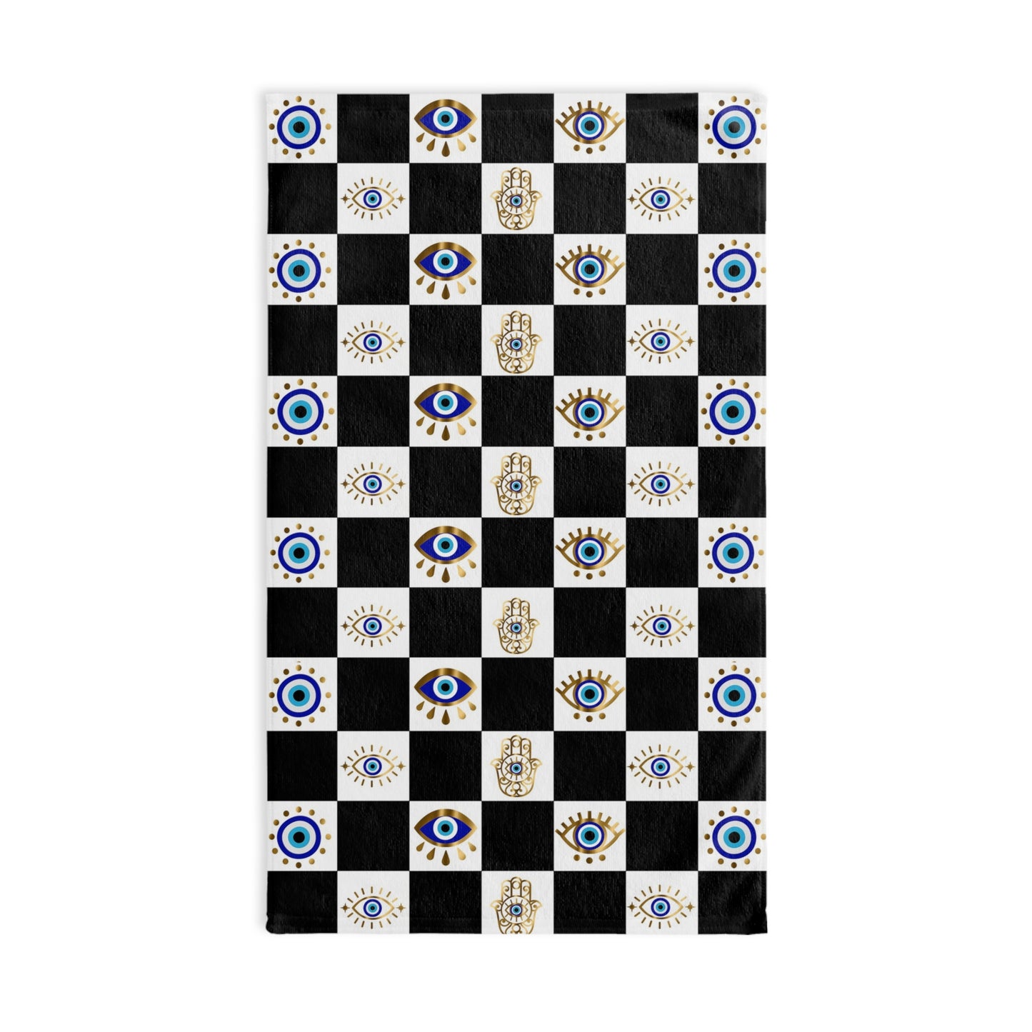 Checkered hand towel with eye and hand of god patterns on a black and white background
