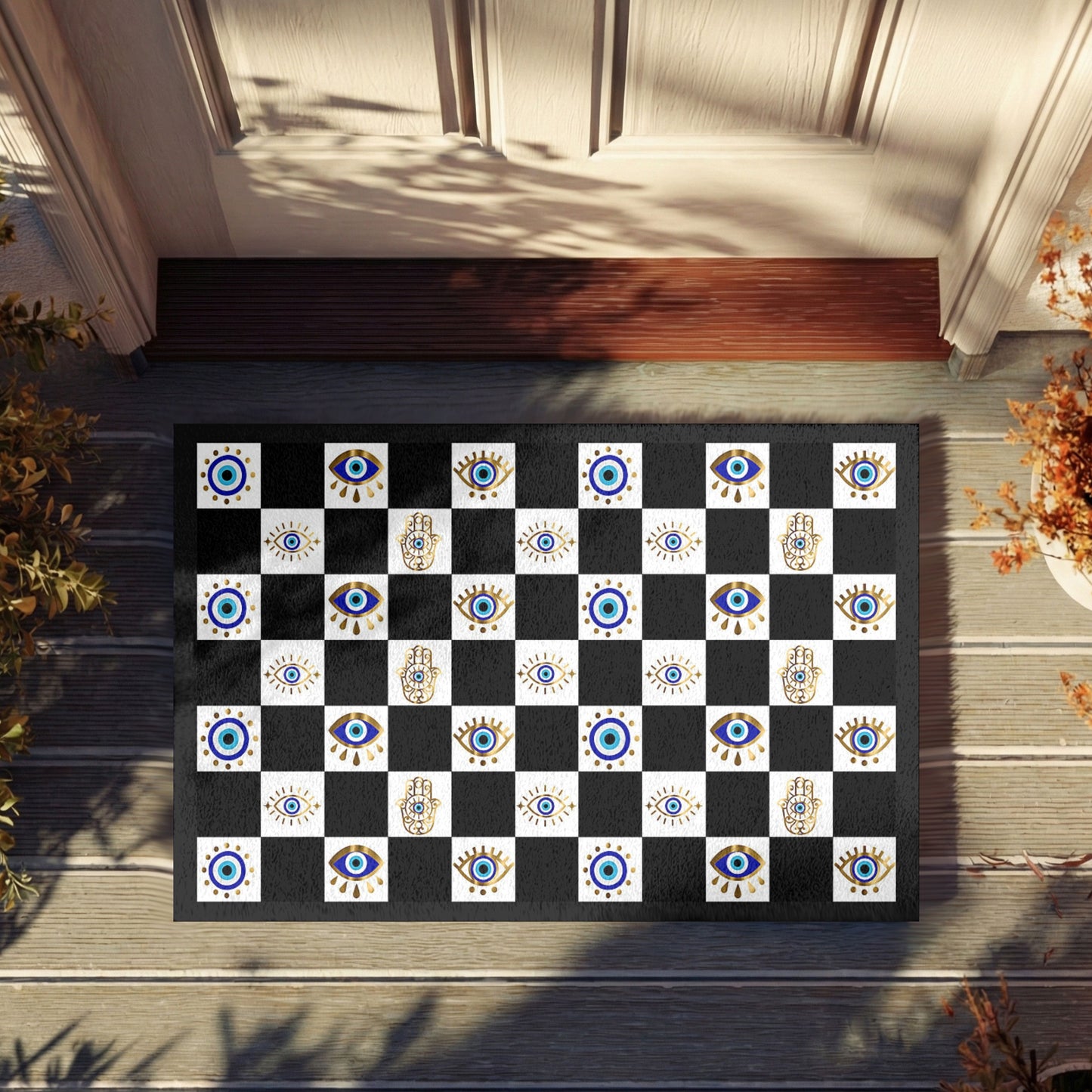 Decorative doormat with a checkered pattern on a wooden floor.