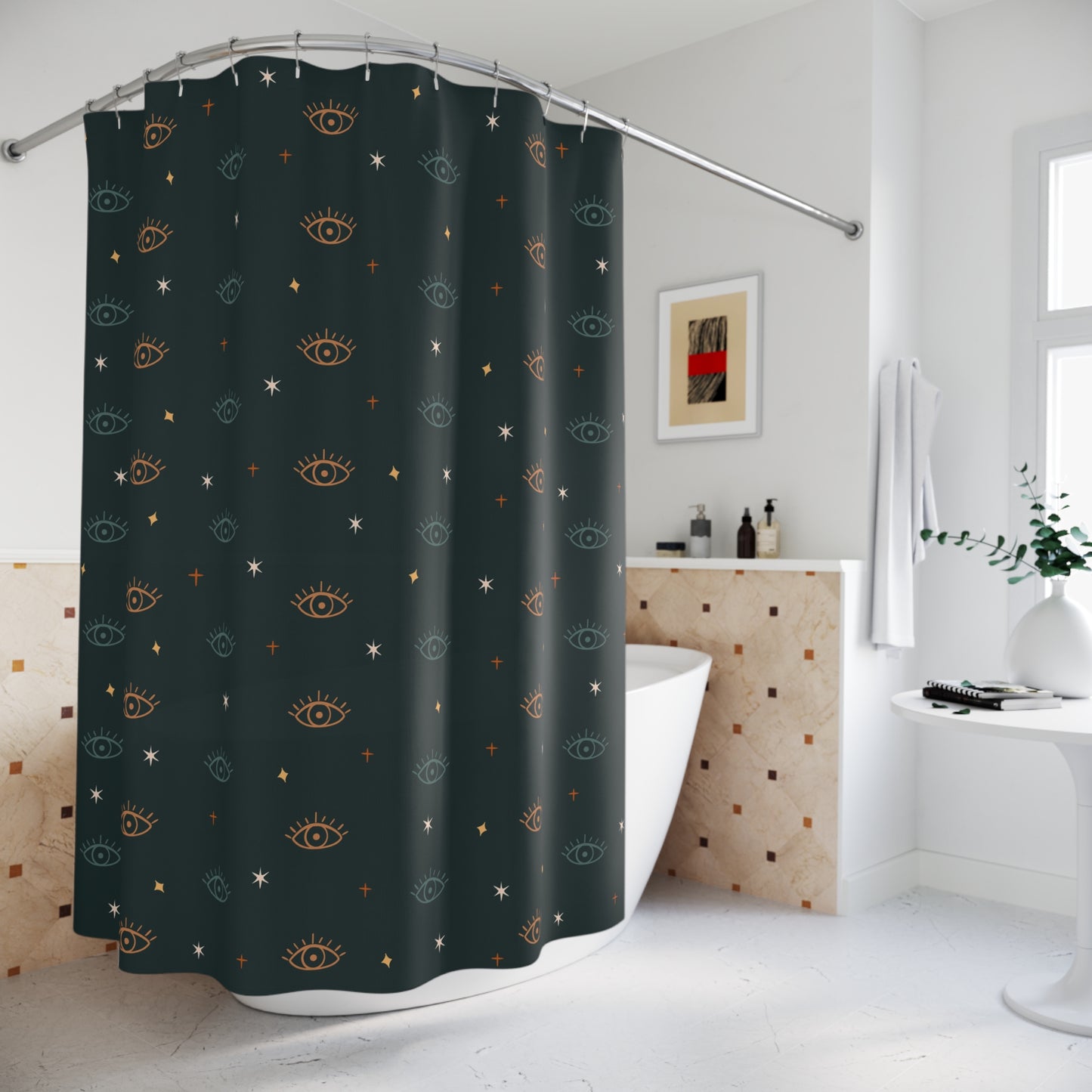 Dark green shower curtain with eye pattern in a bathroom