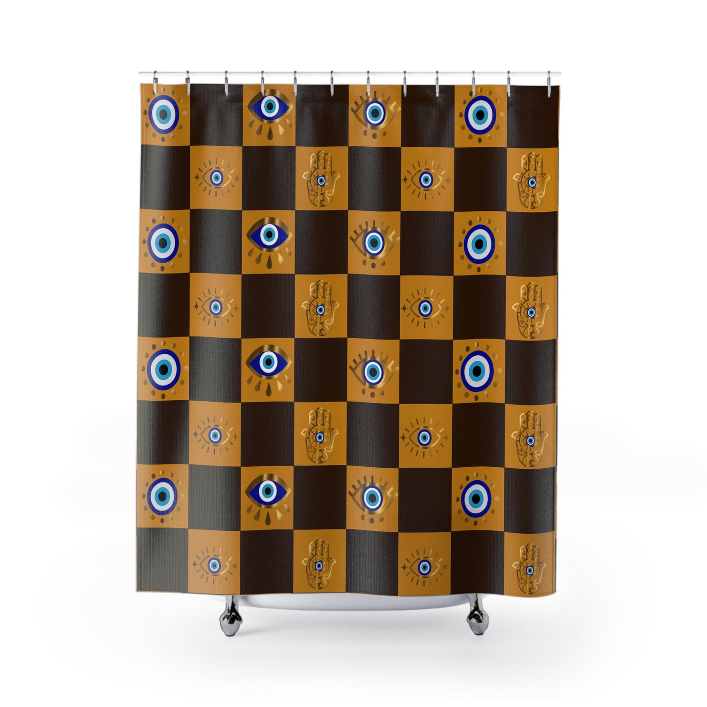 Shower curtain with a checkered pattern featuring eyes and hands on a brown and orange background.