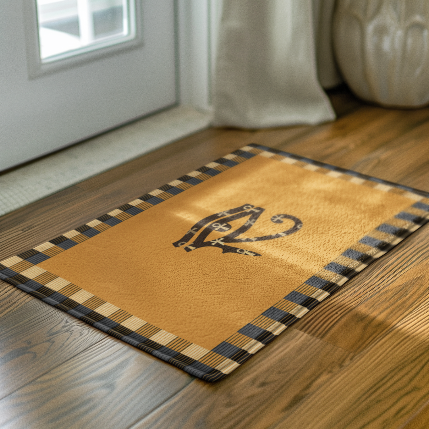 Doormat with a evil eye design on a wooden floor next to a glass door.