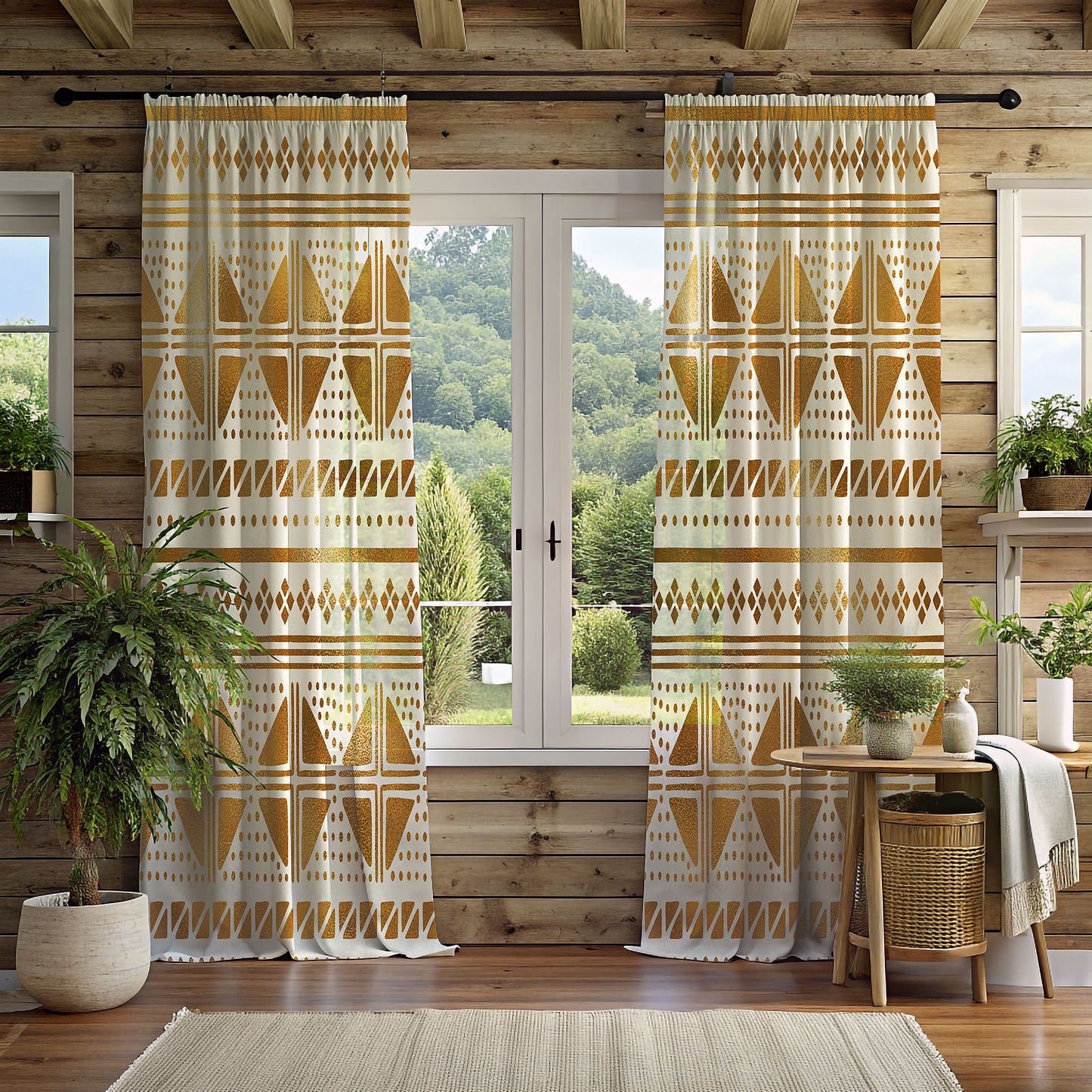 A pair of golden mudcloth dots window curtains with a geometric pattern, hanging in a room with a chair, wicker table, and decorative items.