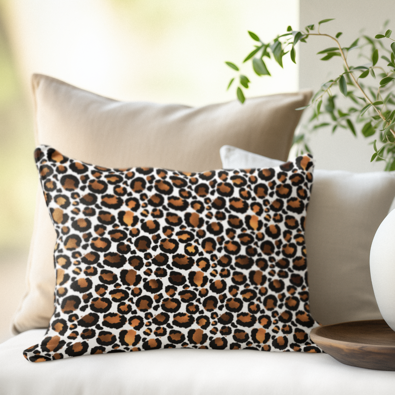 Leopard print pillow on a sofa with a blurred background