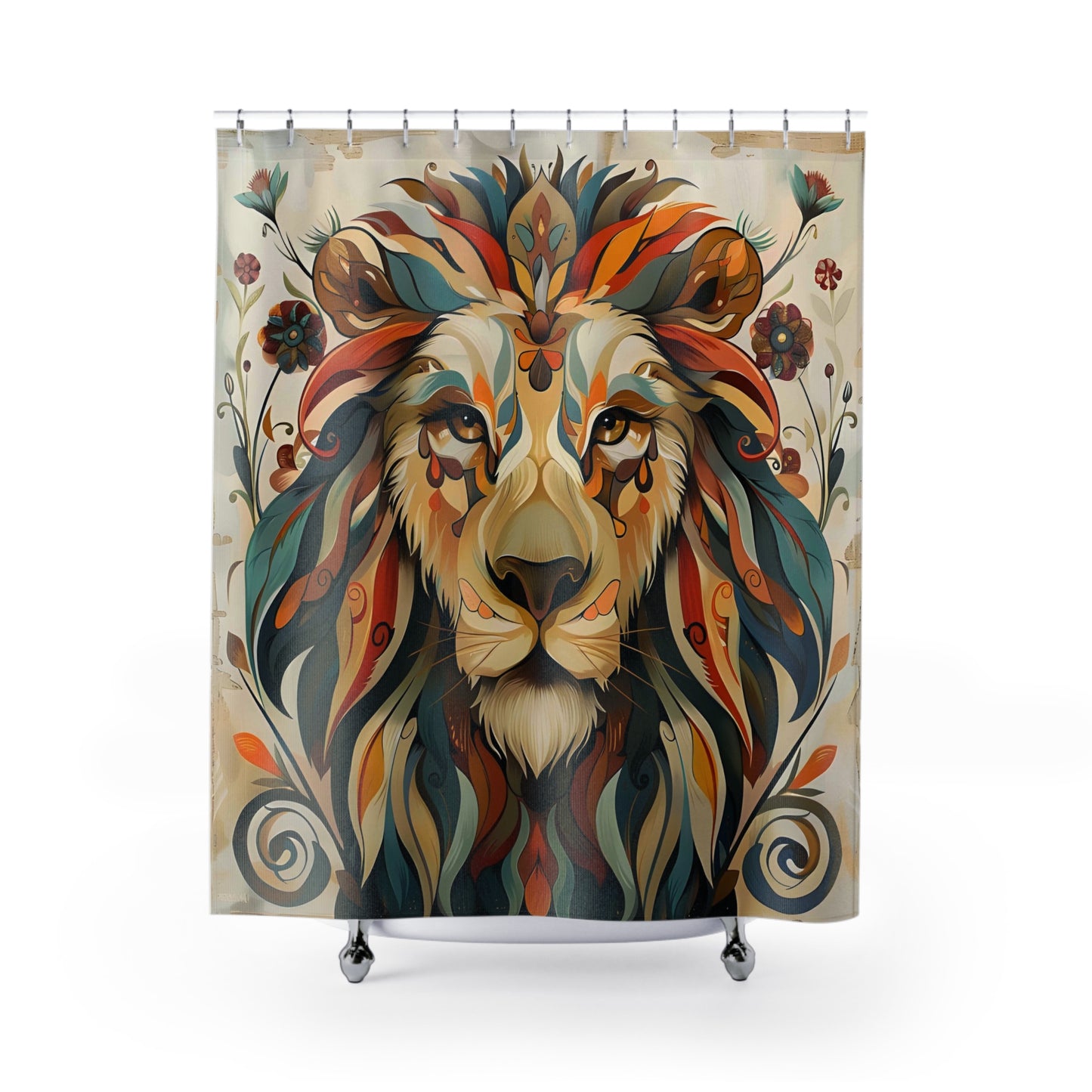 Shower curtain with a colorful lion design on a beige background