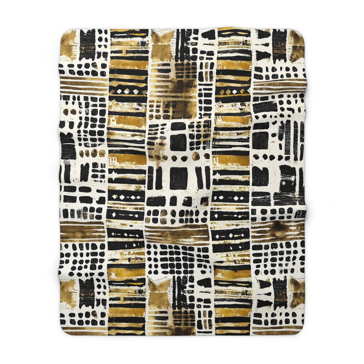 Patterned fabric with black, gold, and white design on a white background