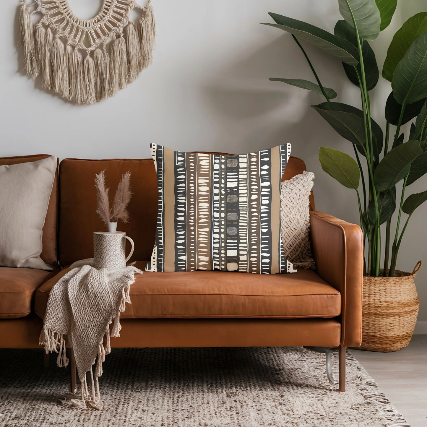 Modern living room with brown leather sofa, tribal patterned pillow, and indoor plant