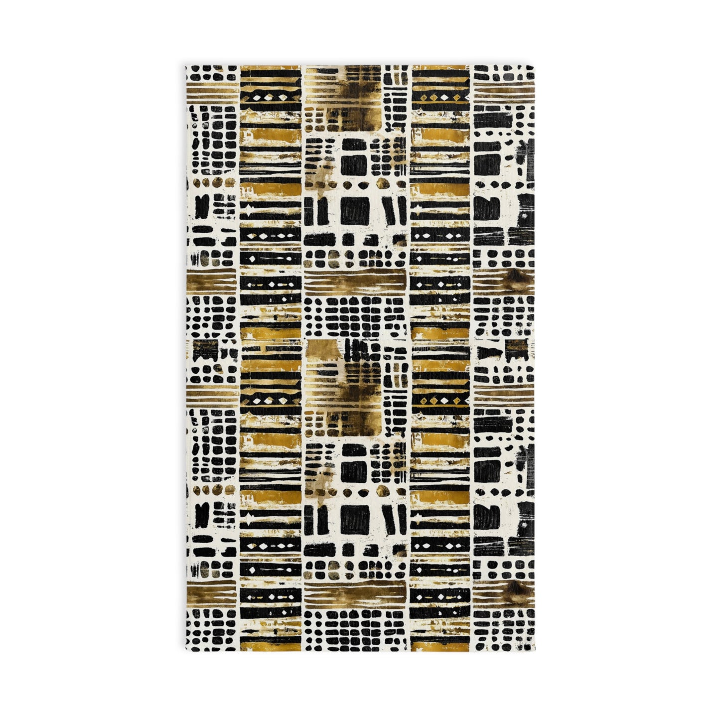 Patterned rug with geometric design on a white background