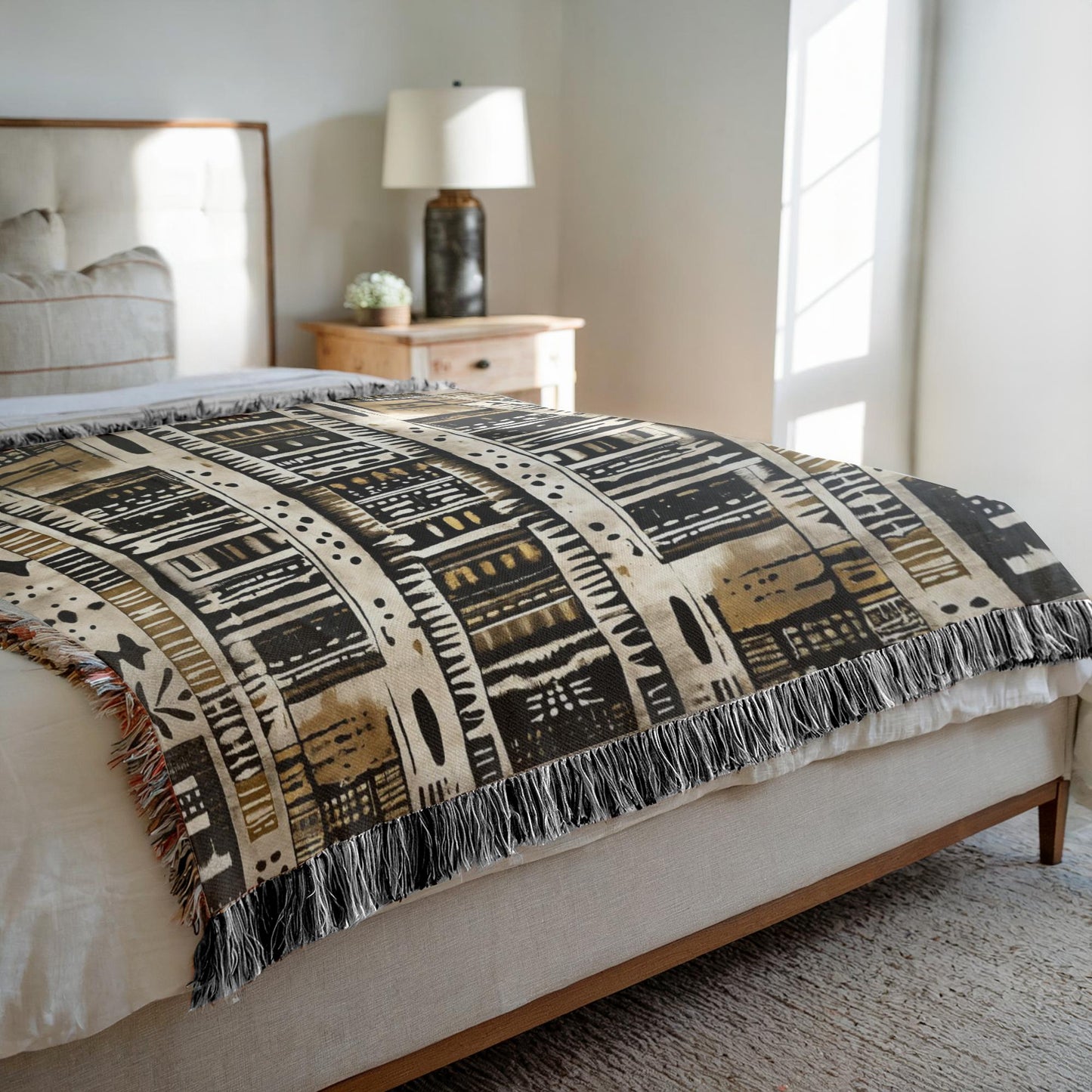 Patterned throw blanket on a bed in a bedroom setting