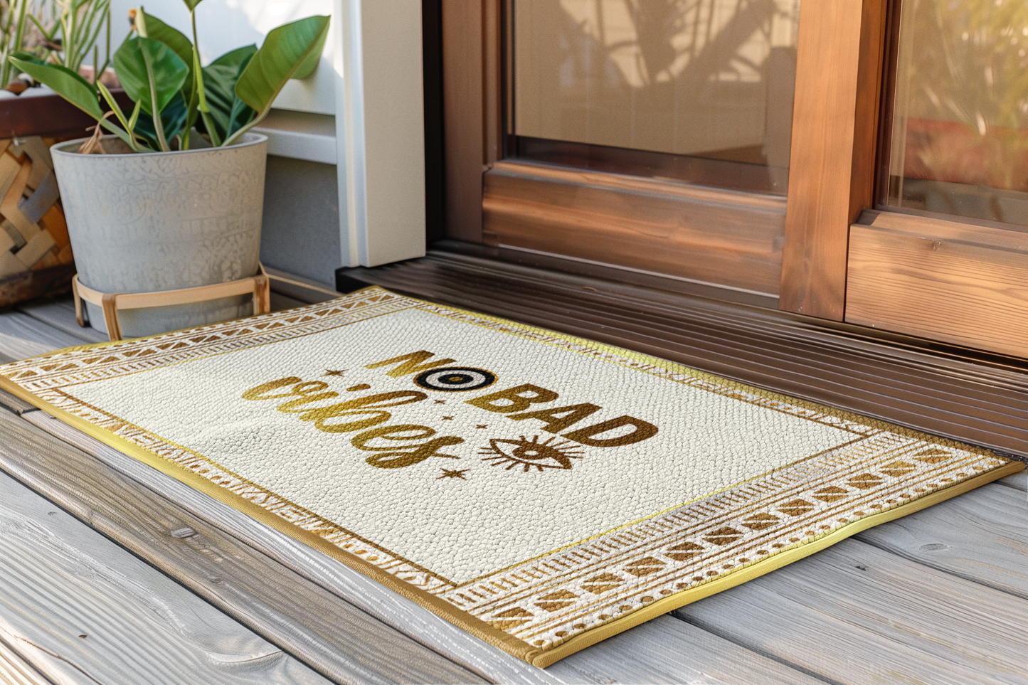 Doormat with 'No Bad Vibes' text on a wooden floor.