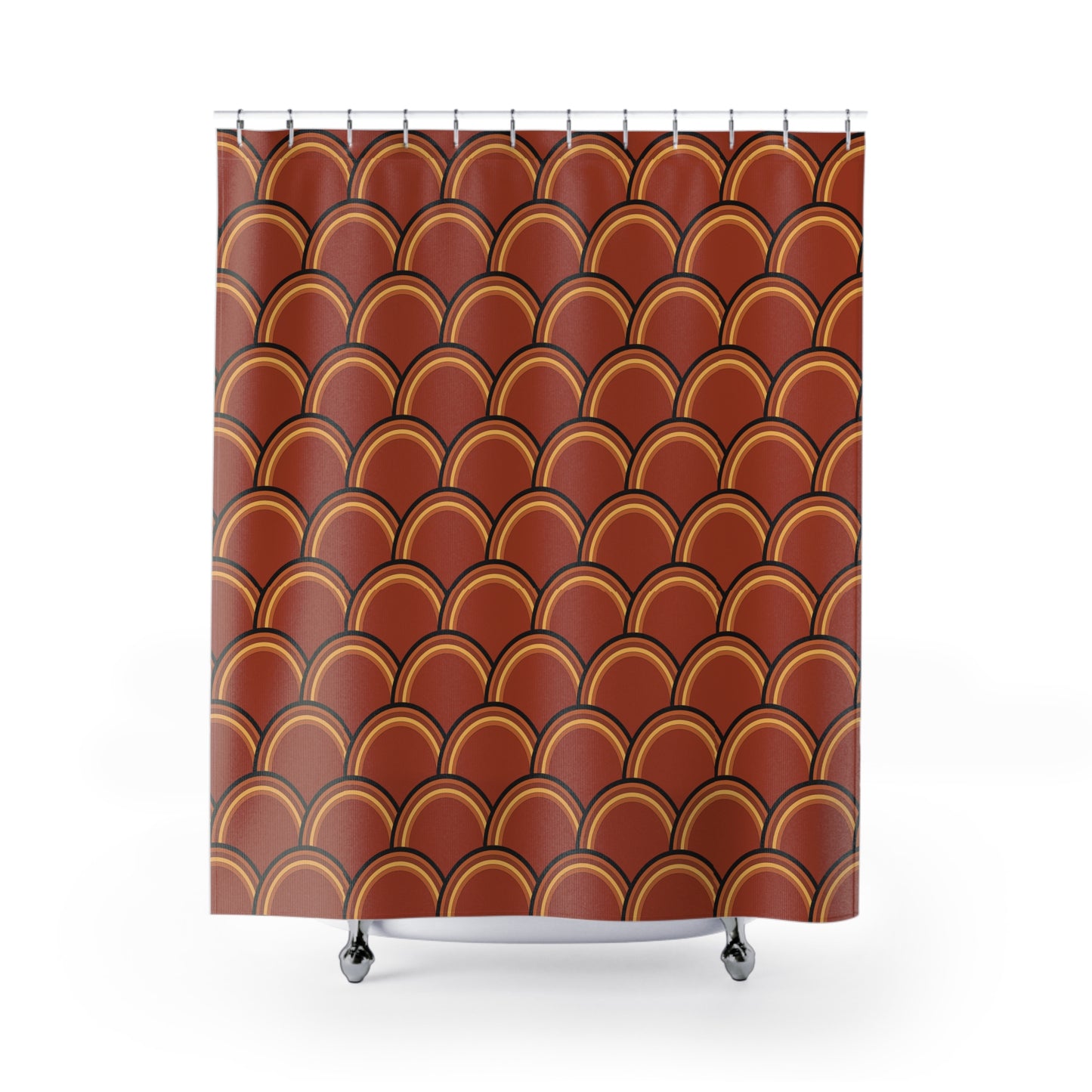 Shower curtain with brown and orange scalloped pattern on a white background