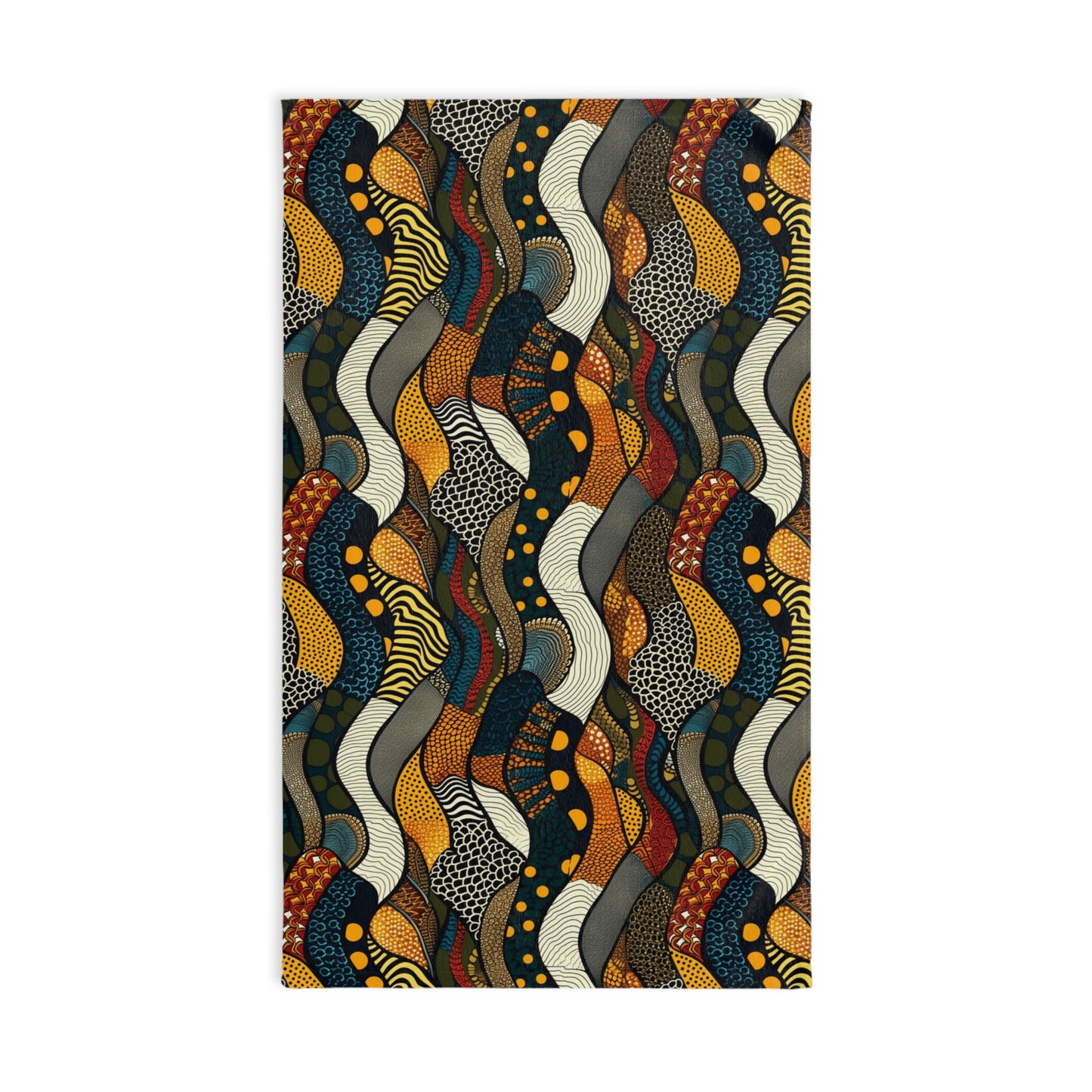 Colorful patterned rug with wavy design on a white background