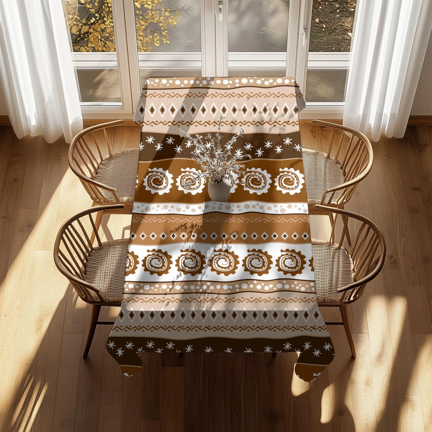 Earth tone African table cover with geometric patterns