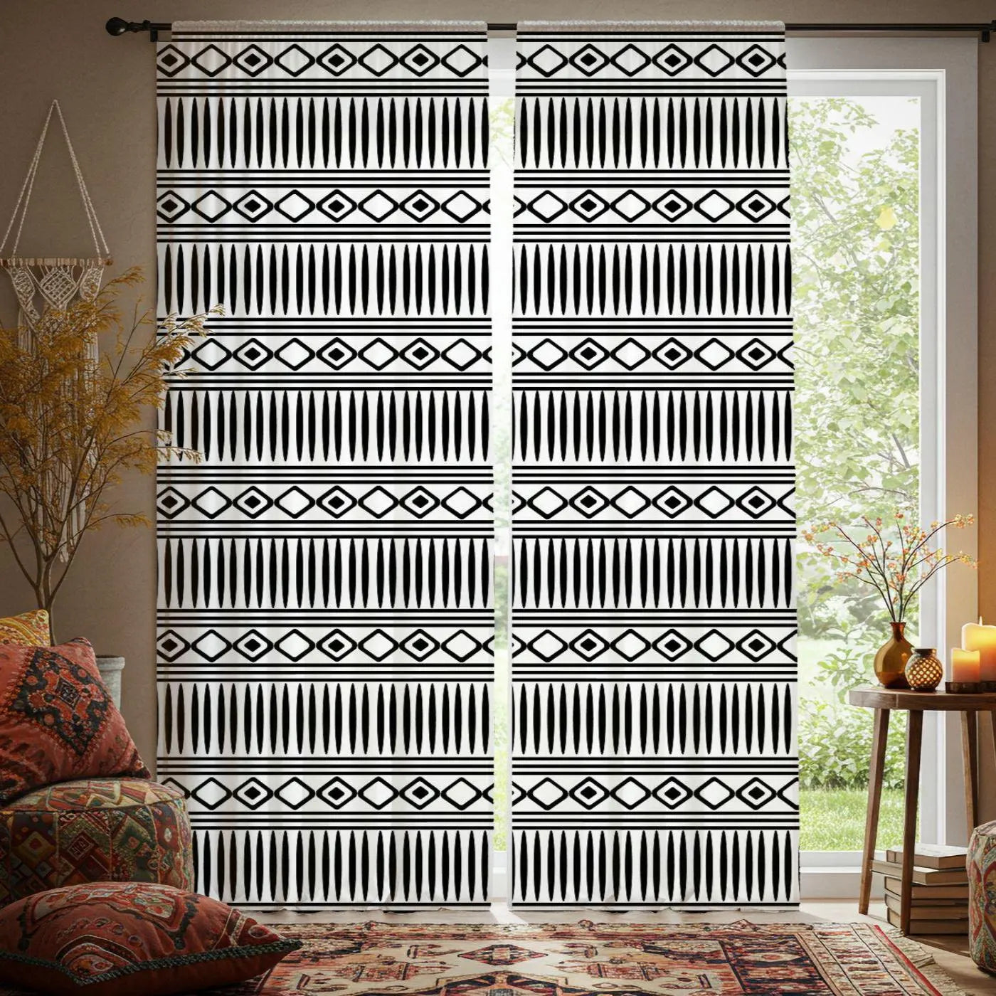 Black and white patterned curtains in a living room setting