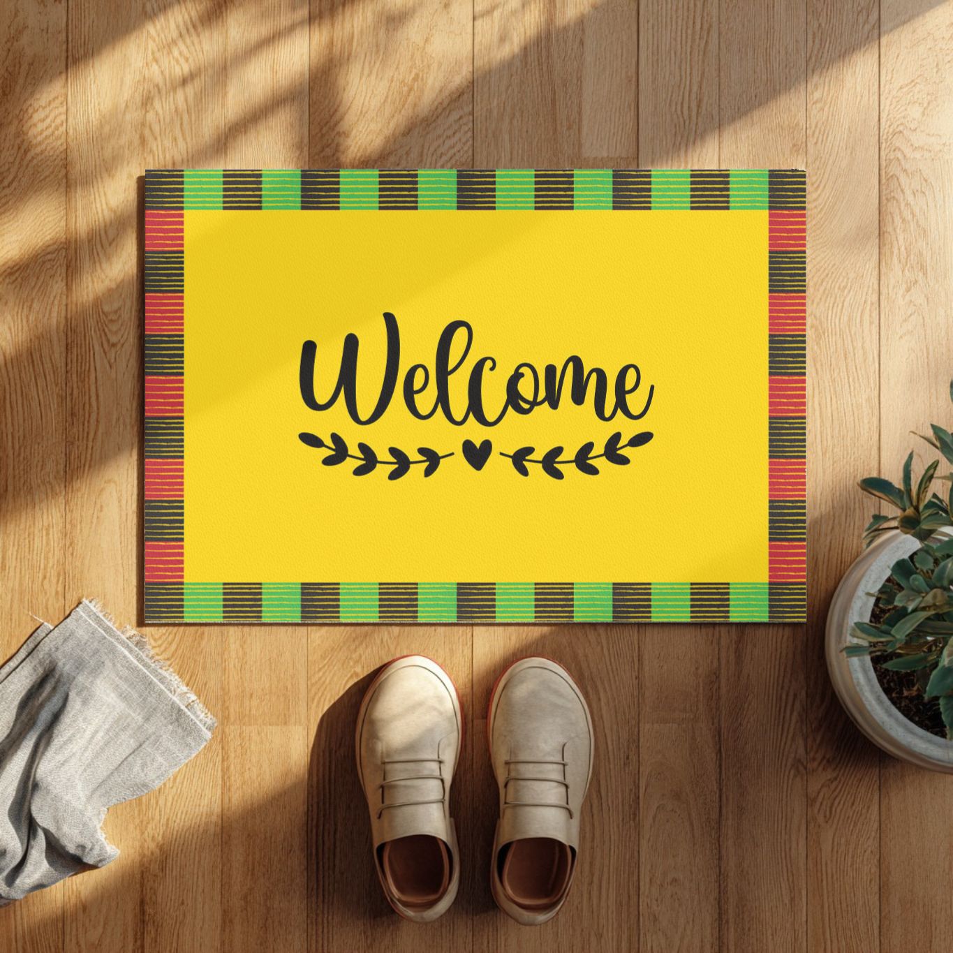 Yellow doormat with 'Welcome' text on a wooden floor