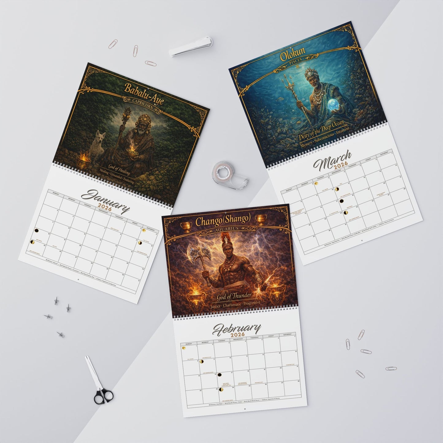 African Orishas Zodiac and Moon Phases 2026 Wall Calendar - SANKTUARI DECOR