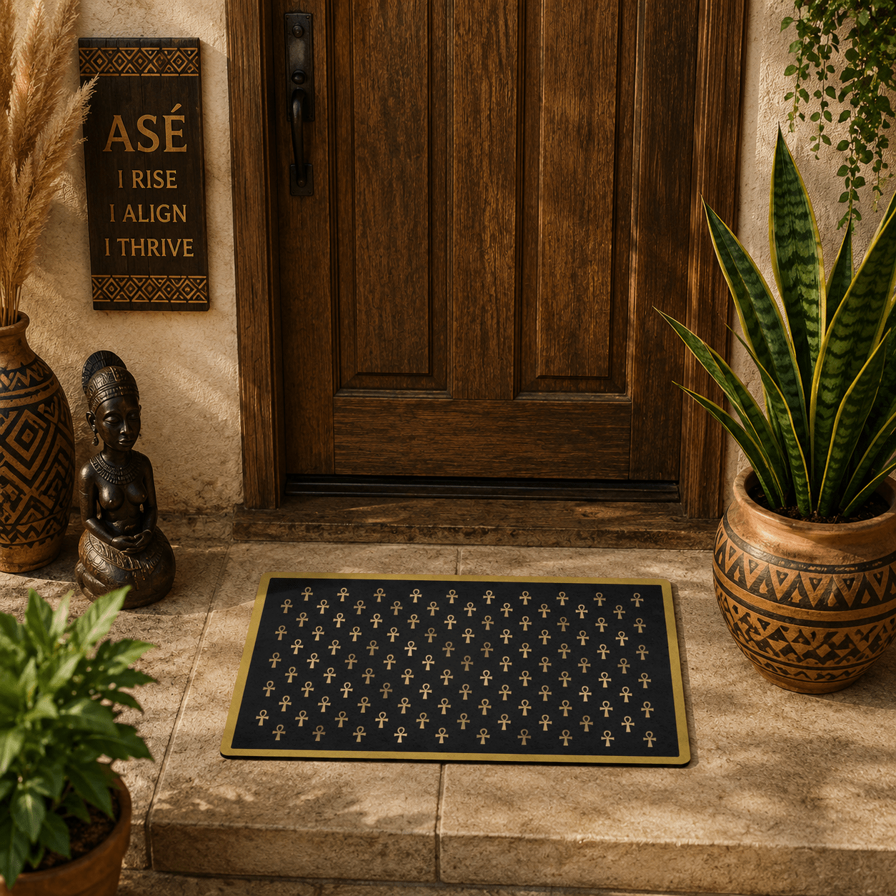 Black & Gold Ankh Pattern Doormat | Egyptian Symbol Welcome Mat - SANKTUARI DECOR