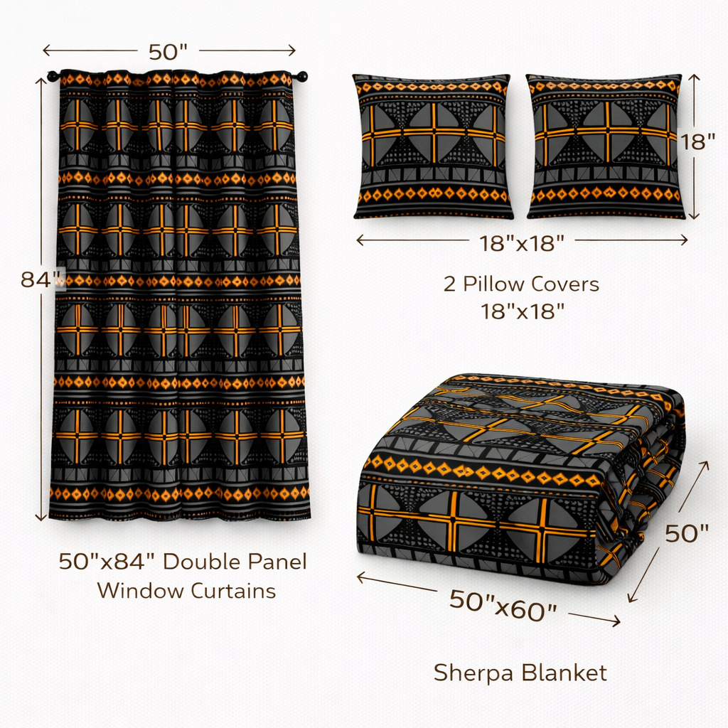 Bedding set with window curtains, pillow covers, and blanket with measurements on a white background