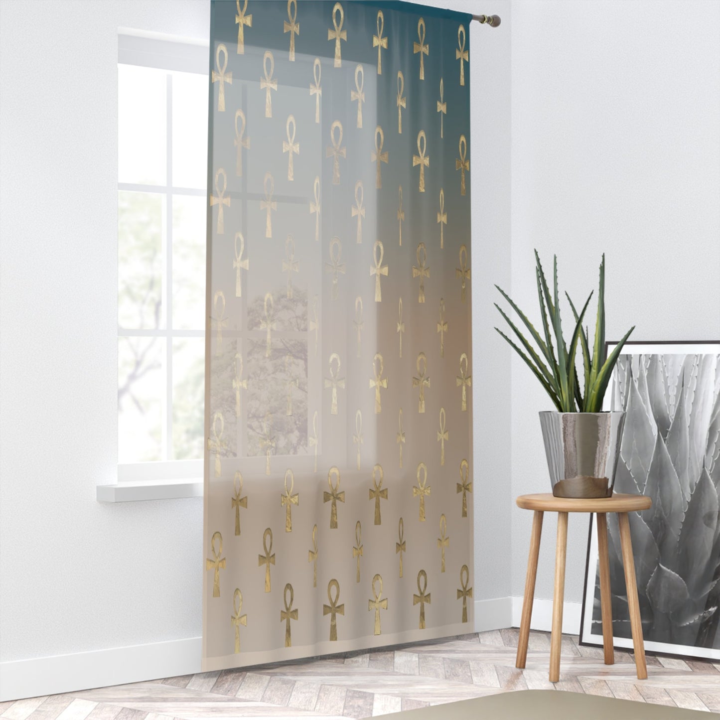 Egyptian Cross Window Curtains - Blue - SANKTUARI DECOR