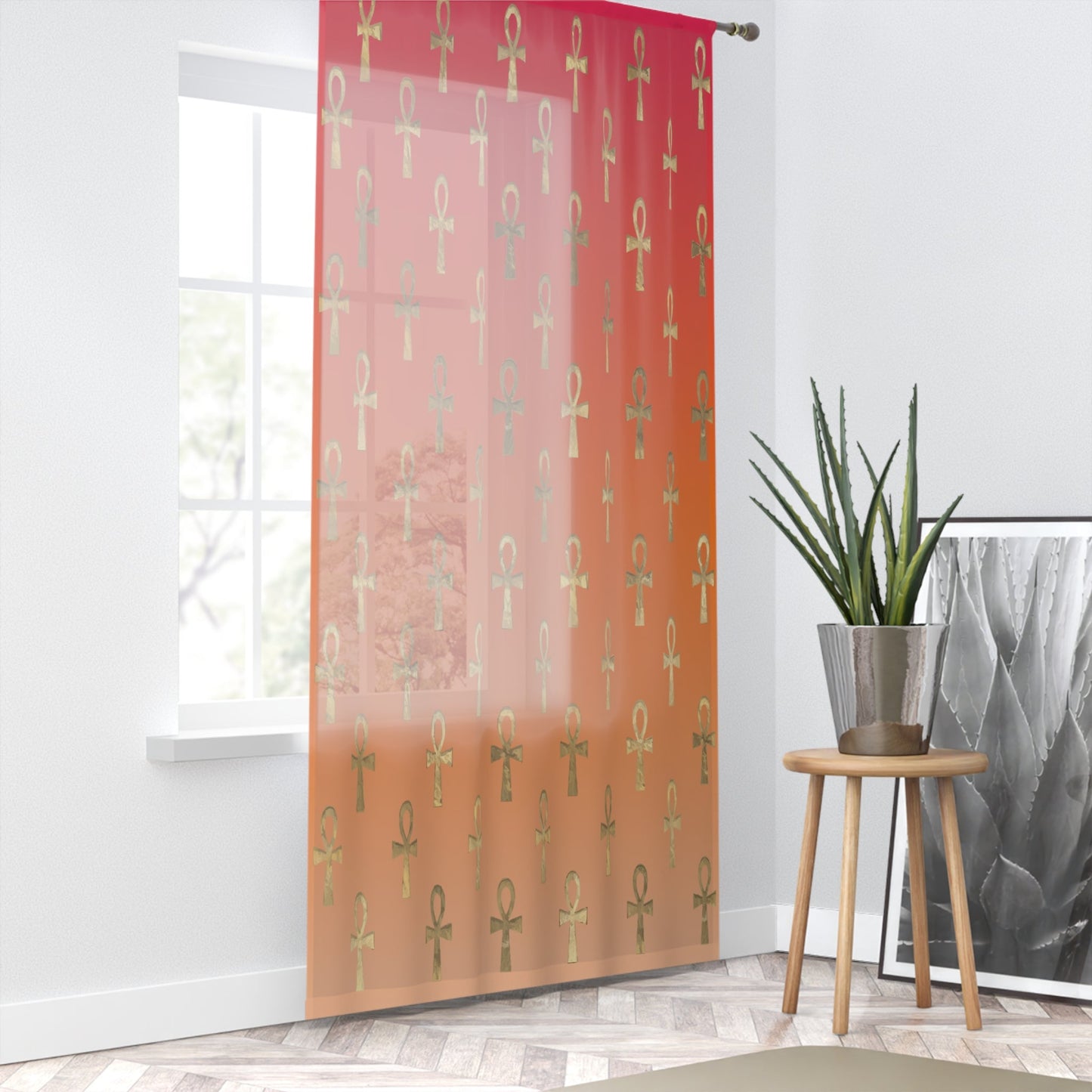 Egyptian Cross Window Curtains - Orange - SANKTUARI DECOR