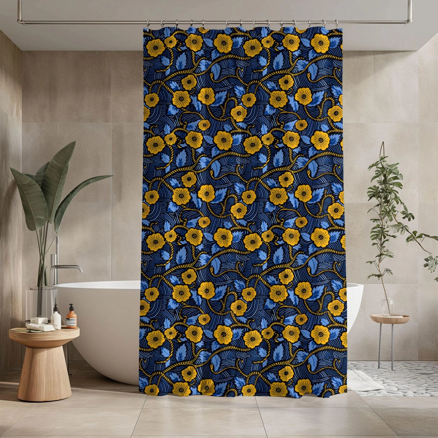 Royal Blue Ankara Wax Floral Shower Curtain