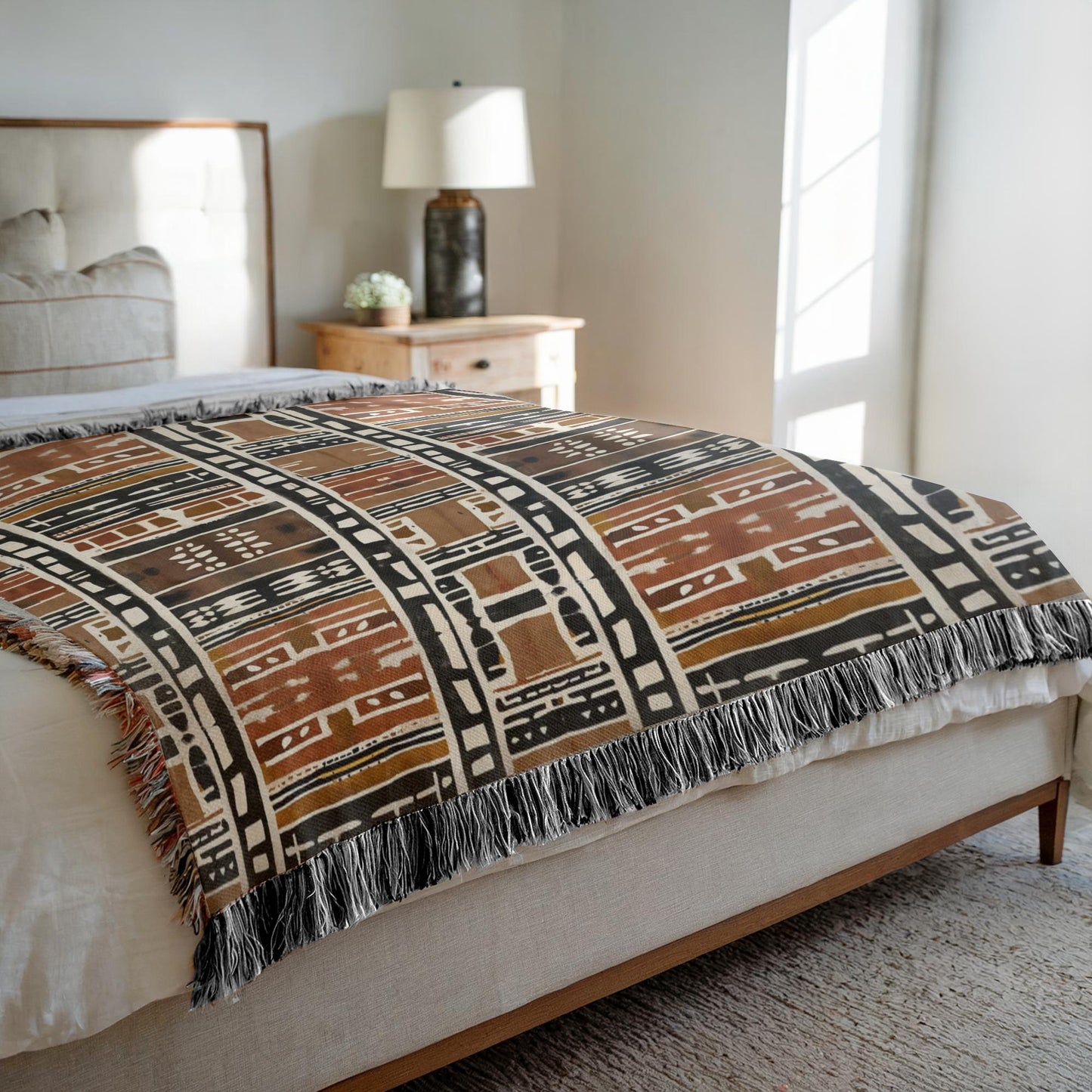 Bedroom with a patterned blanket draped over the bed
