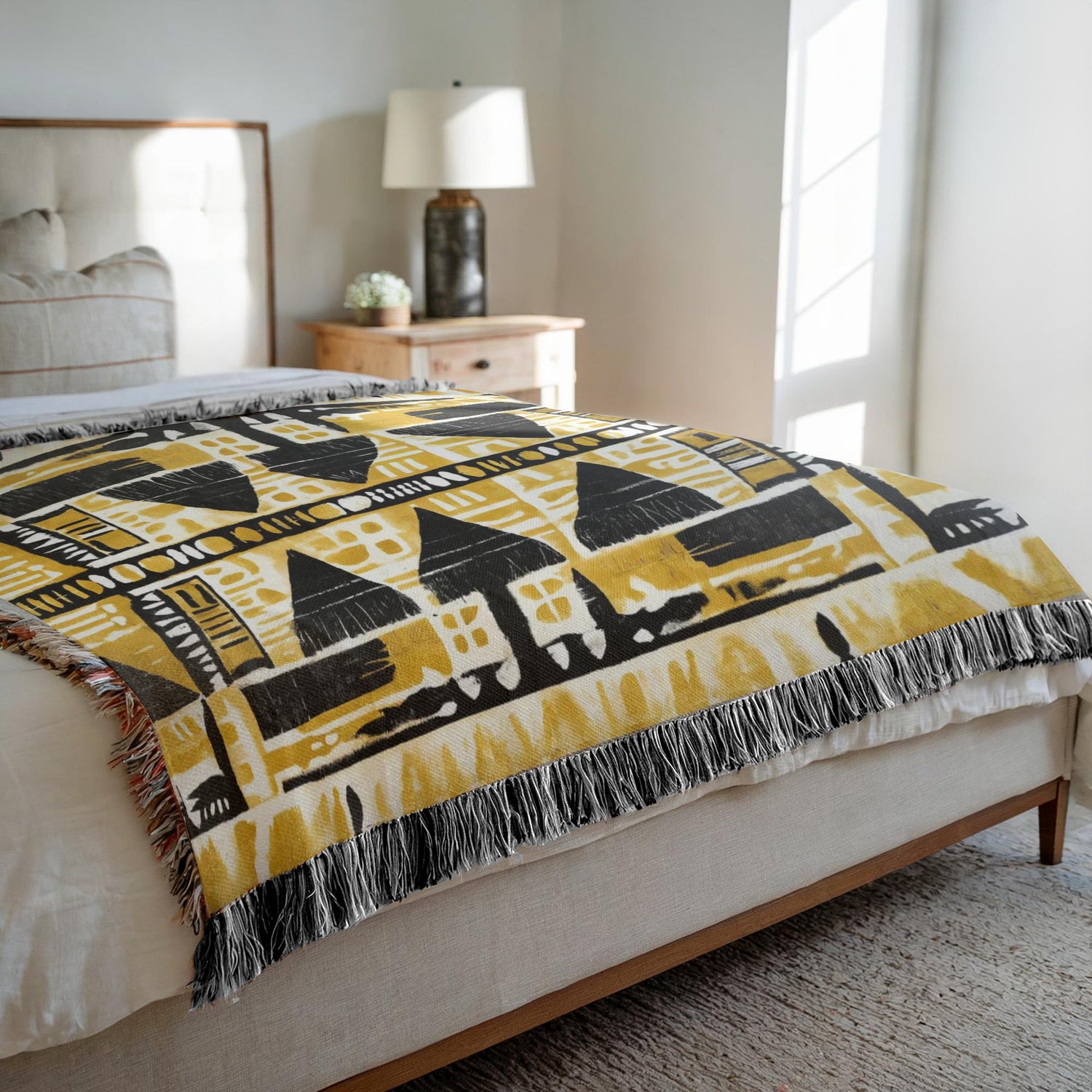 Chakra-inspired bedding accent in spiritual bedroom