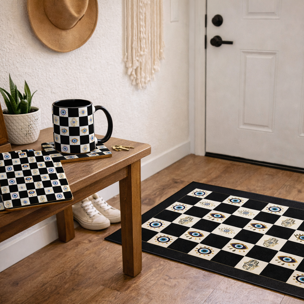 Spiritual Morning Protection Set | Evil Eye Doormat Mug Coaster Bundle
