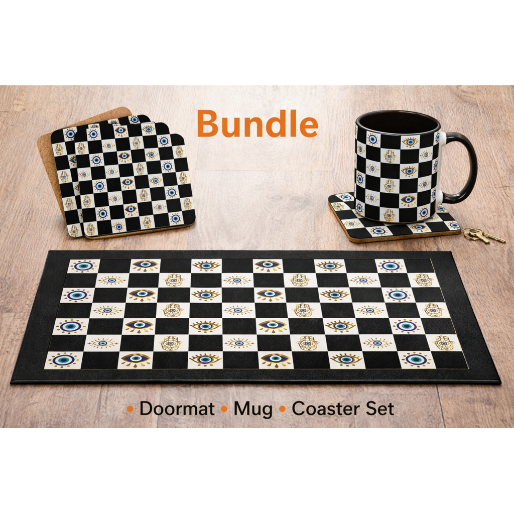 Spiritual Morning Protection Set | Evil Eye Doormat Mug Coaster Bundle