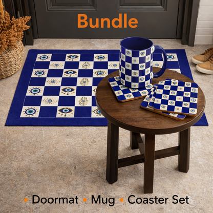 Spiritual Morning Protection Set | Evil Eye Doormat Mug Coaster Bundle