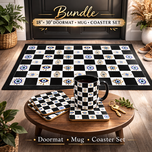 Spiritual Morning Protection Set | Evil Eye Doormat Mug Coaster Bundle