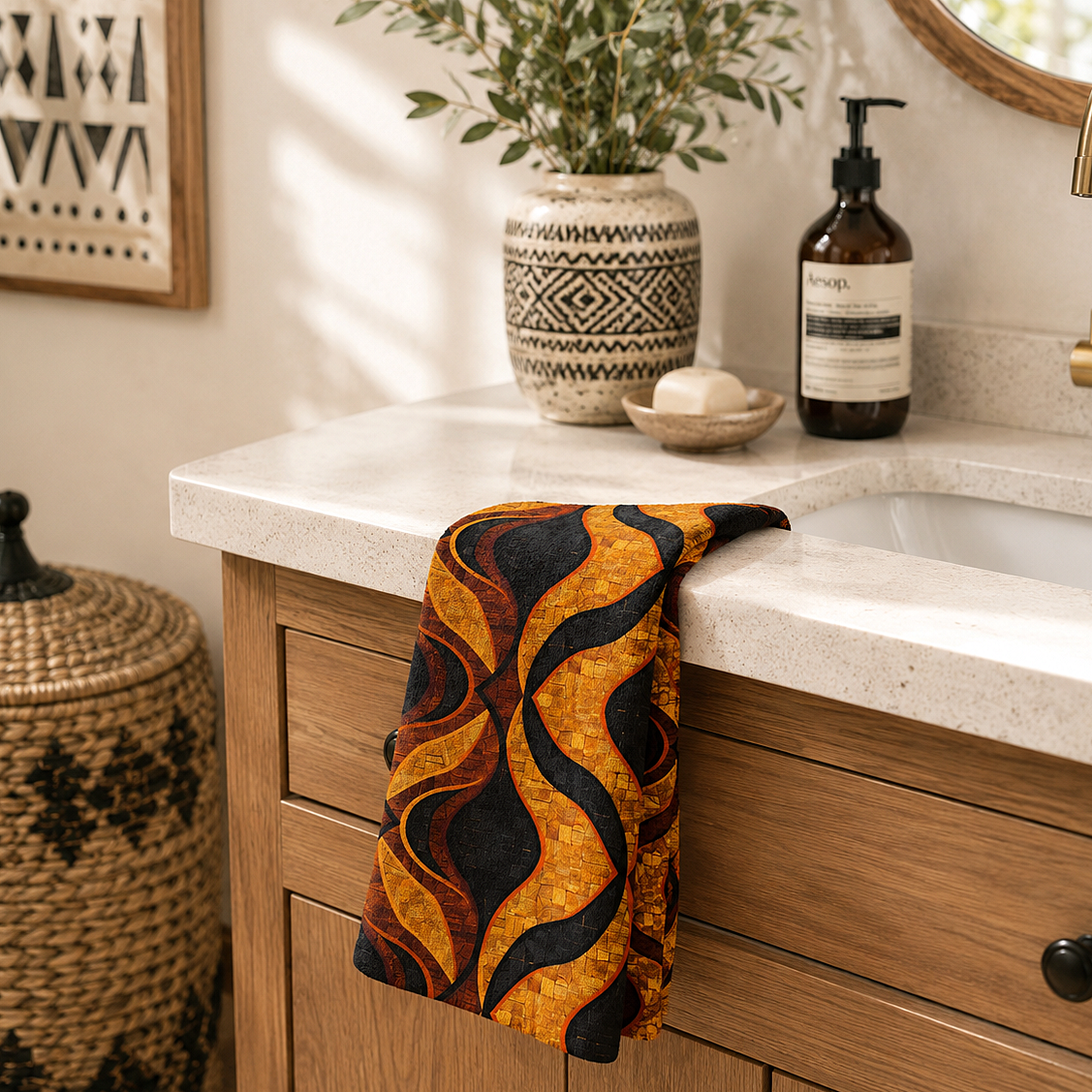 Toalla de mano Mudcloth negra y dorada
