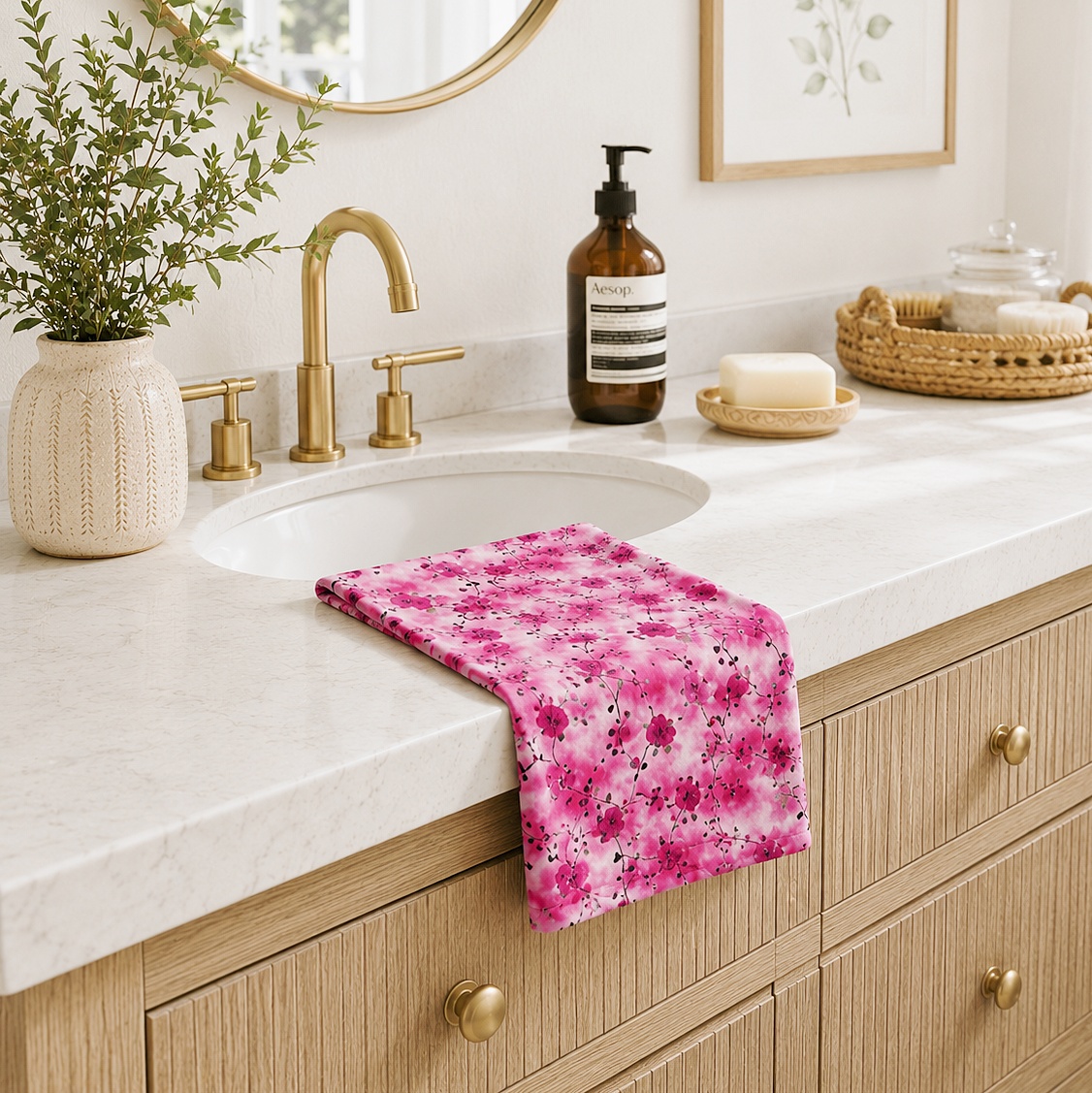 Pink Rose Floral Hand Towel