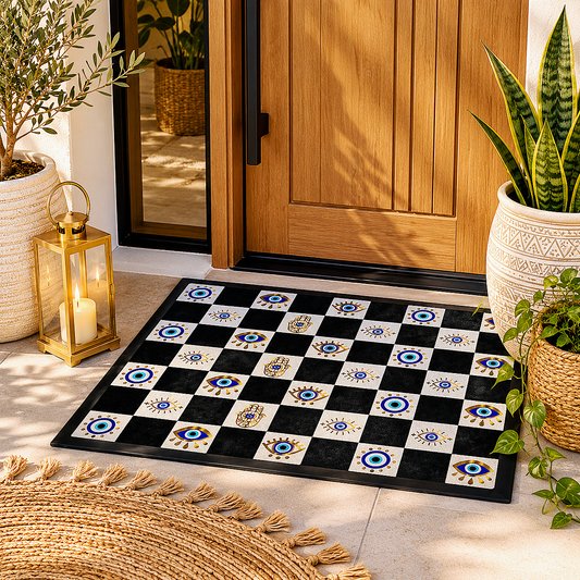 Evil Eye Checkerboard Doormat | Hamsa Hand Welcome Mat