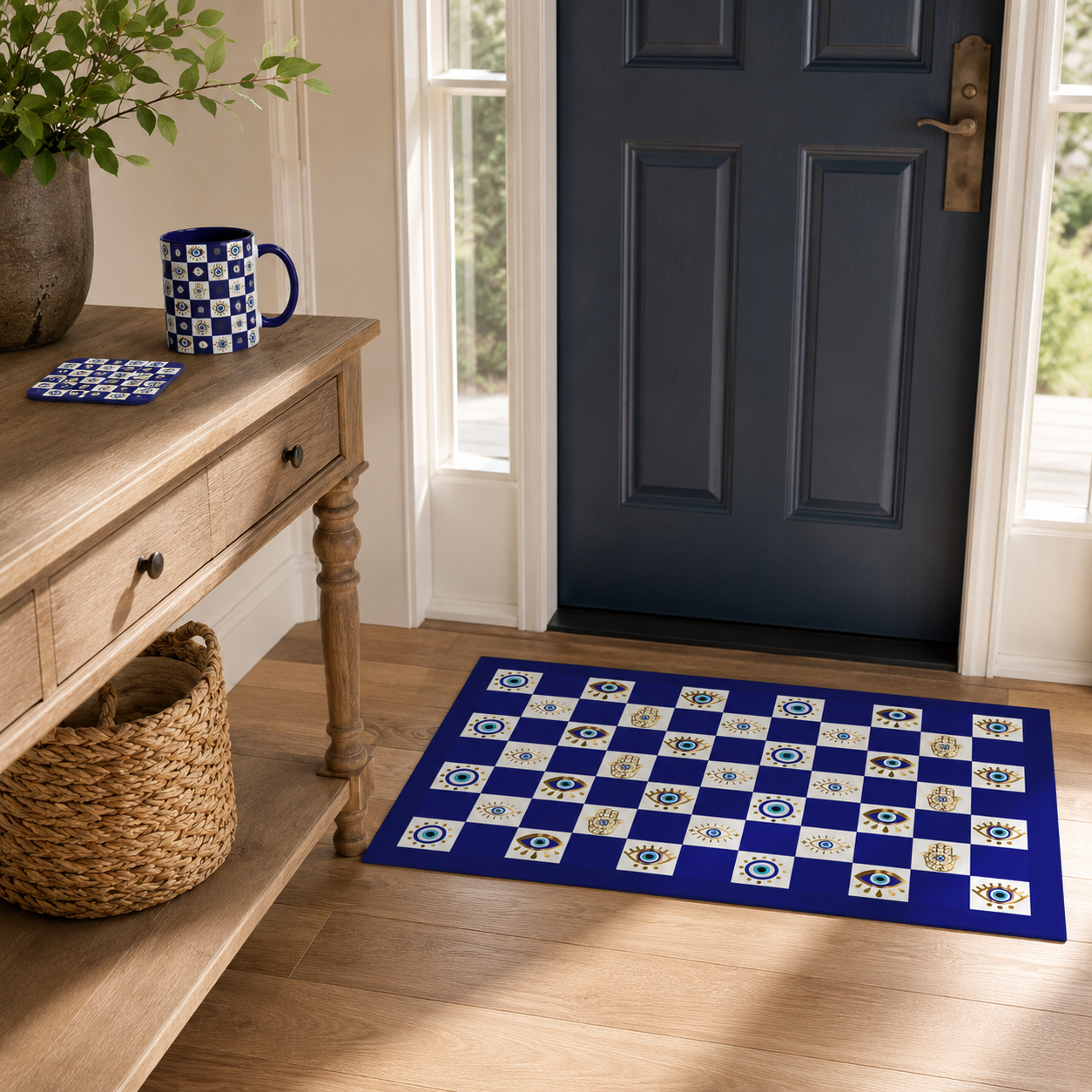 Spiritual Morning Protection Set | Evil Eye Doormat Mug Coaster Bundle