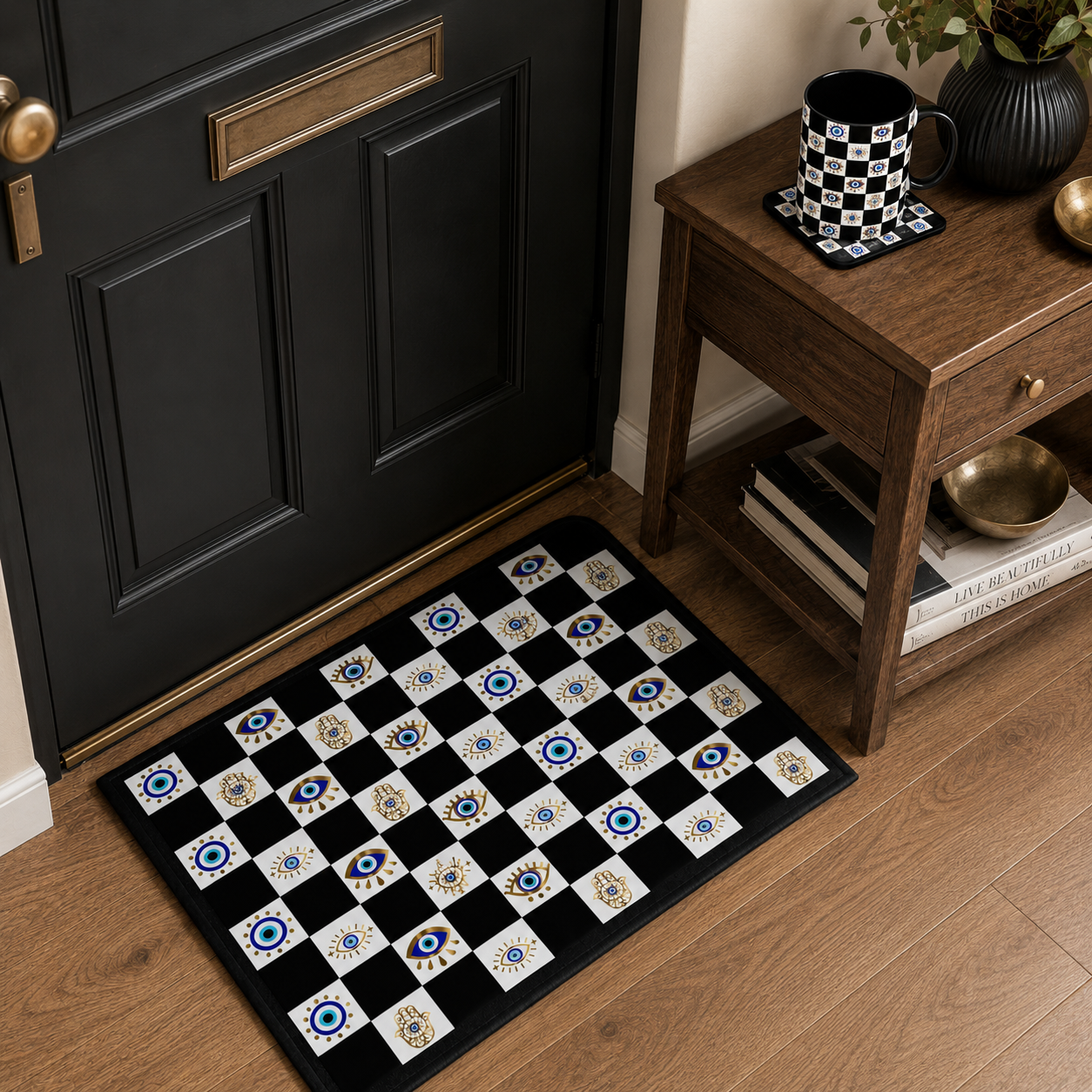 Spiritual Morning Protection Set | Evil Eye Doormat Mug Coaster Bundle