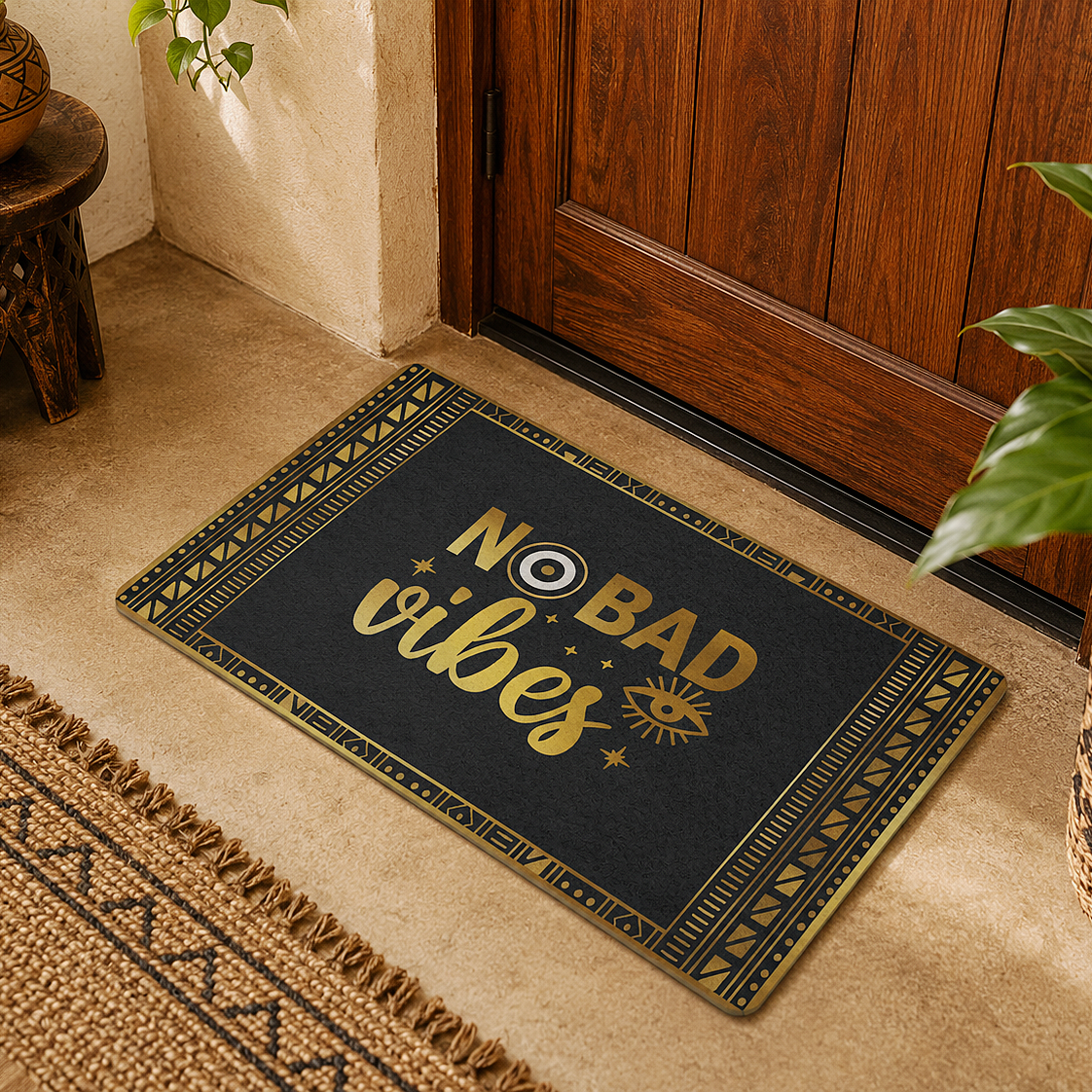A rectangular black doormat with gold and white text reading 'NO BAD vibes' and decorative border patterns, placed in front of a wooden door on a beige floor with plants and a woven rug nearby.