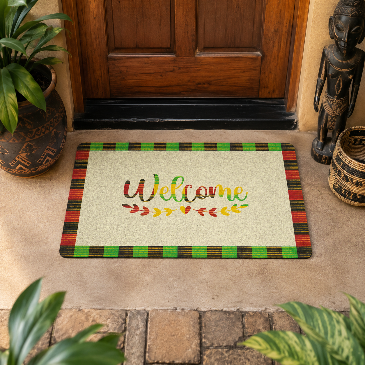 Welcome Kente Doormat | African Entryway Rug | Cultural Home Decor Accent
