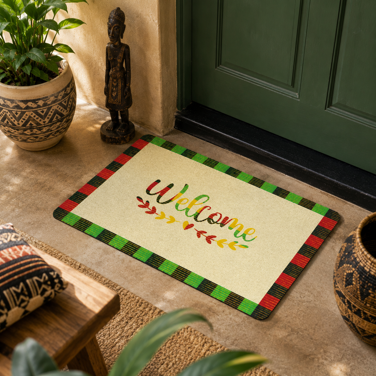 Welcome Kente Doormat | African Entryway Rug | Cultural Home Decor Accent